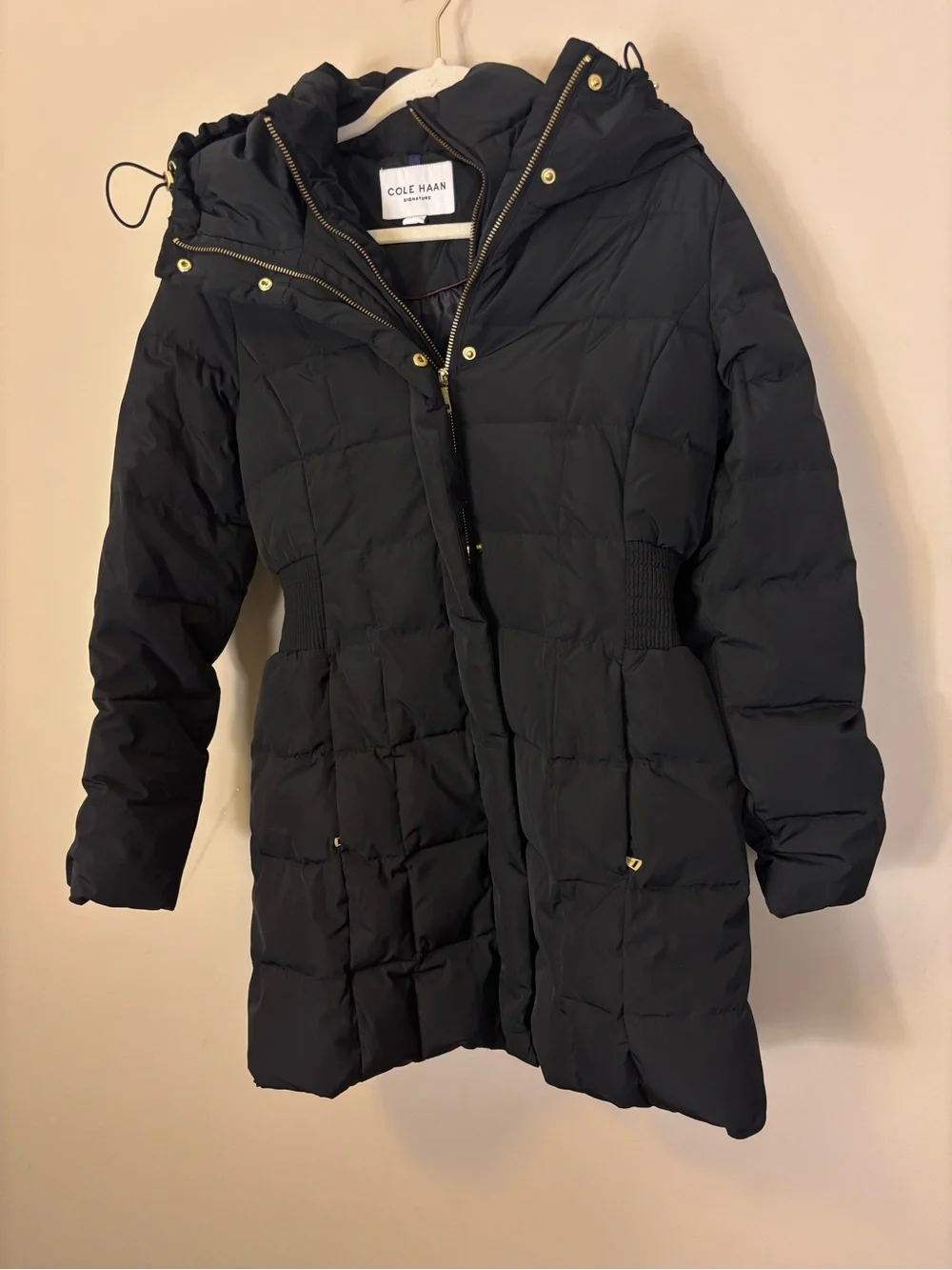 Cole Haan Black Quilted Hooded Puffer Coat with Gold Hardware Women’s Medium